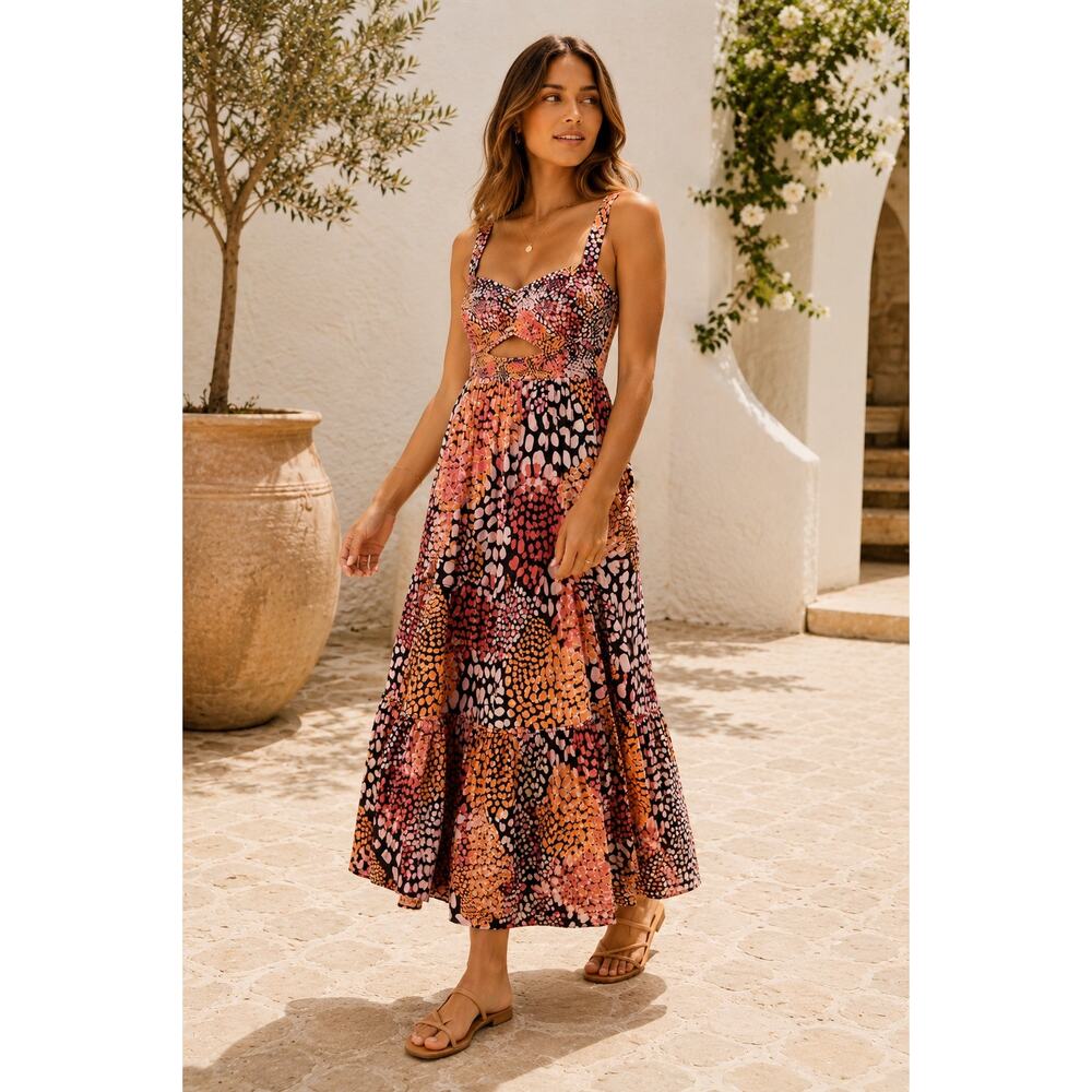 Anthropologie Geisha Designs Smocked Maxi Dress XS Cutout Boho Floral